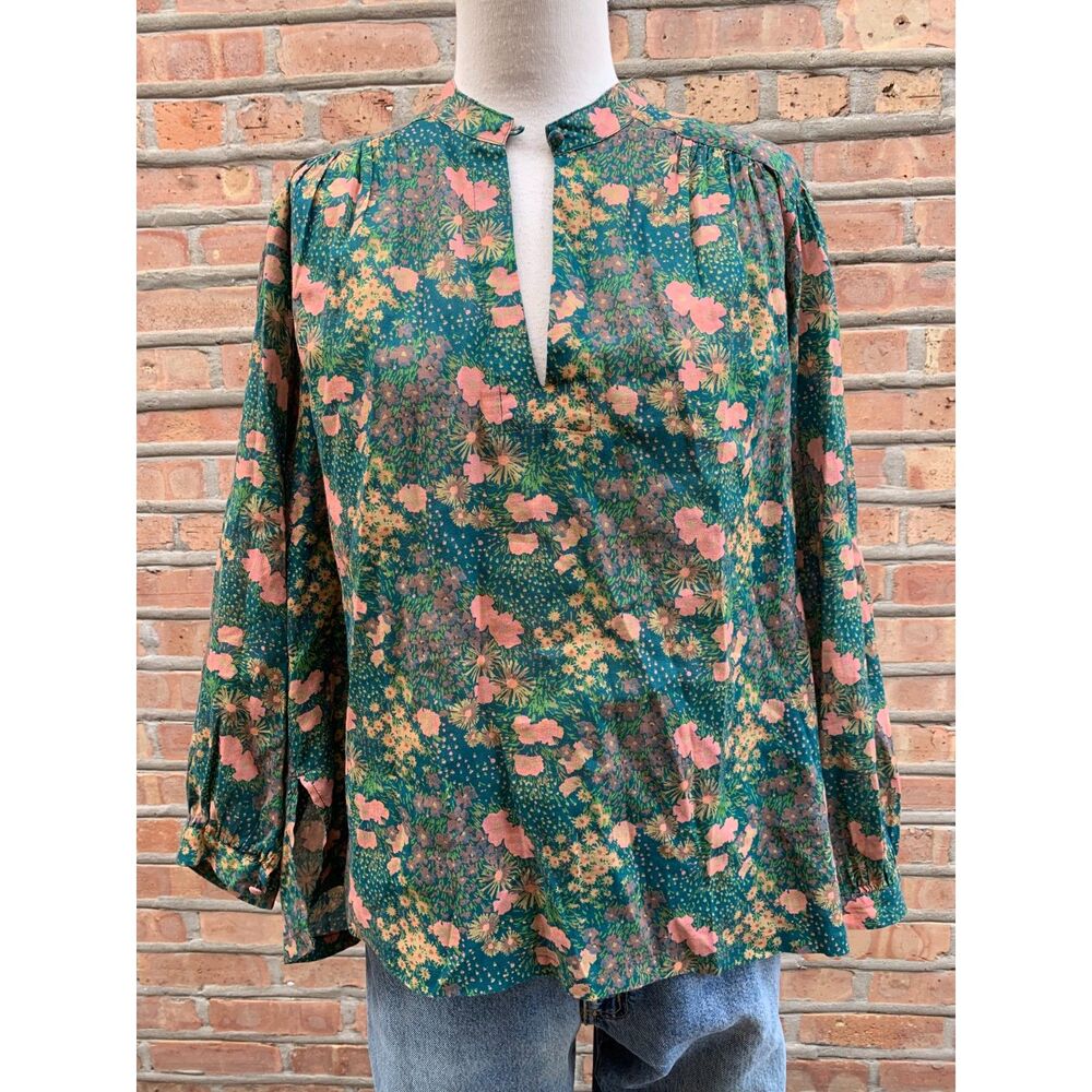 Birds of Paradise by Trovata Green Floral Shirt Blouse Top Size M Long Sleeve